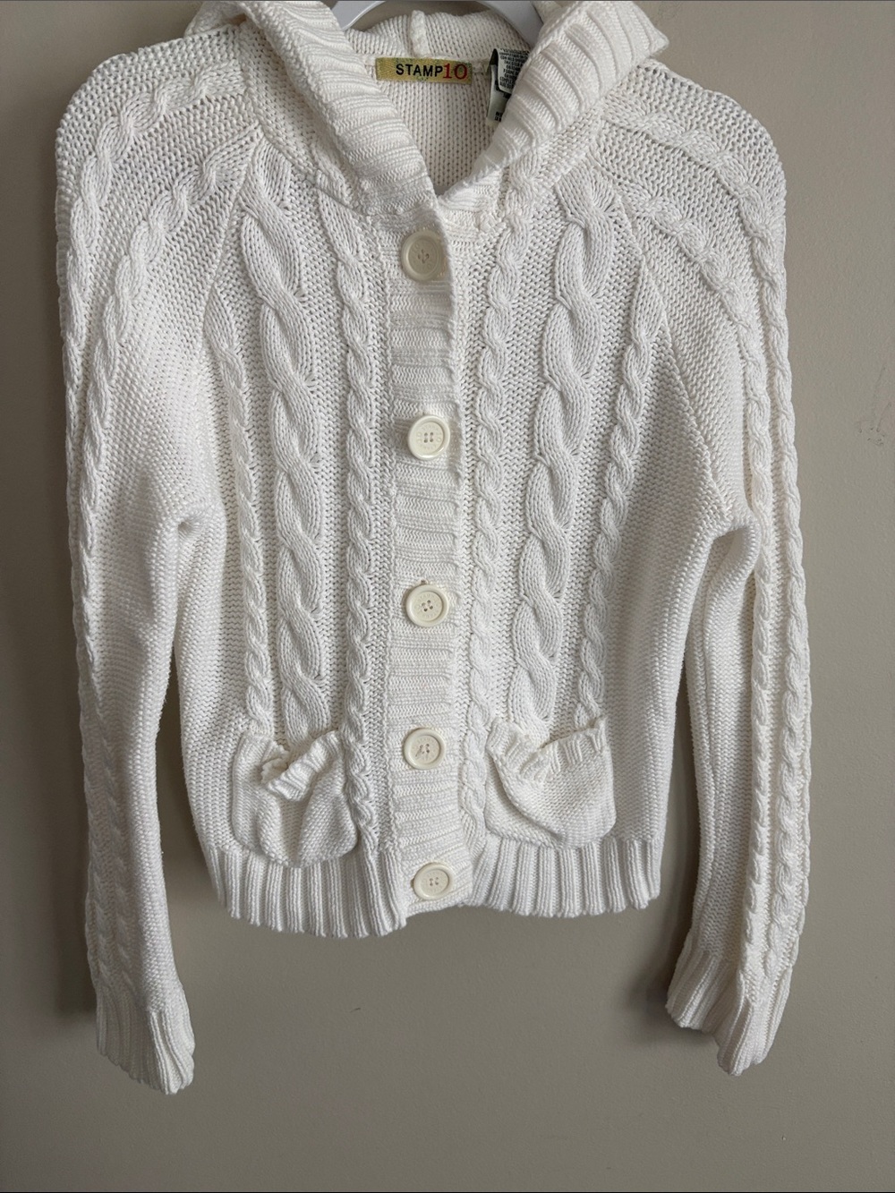 Stamp10 White Cable-Knit Hooded Button Cardigan